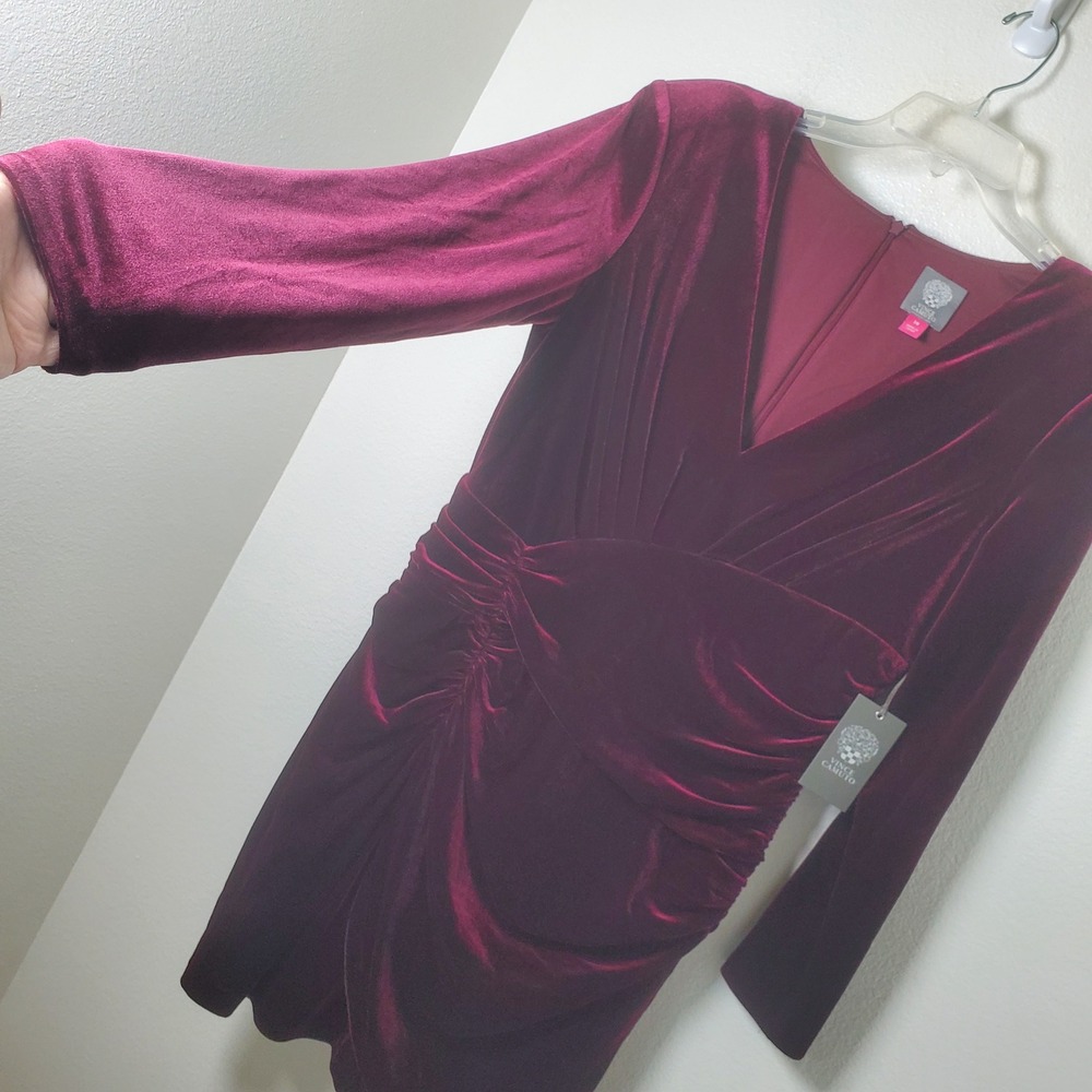 Vince Camuto Womens Wine Red Stretch Velvet Ruched V-Neck Dress Size 14 VC1M3209 - Picture 6 of 10